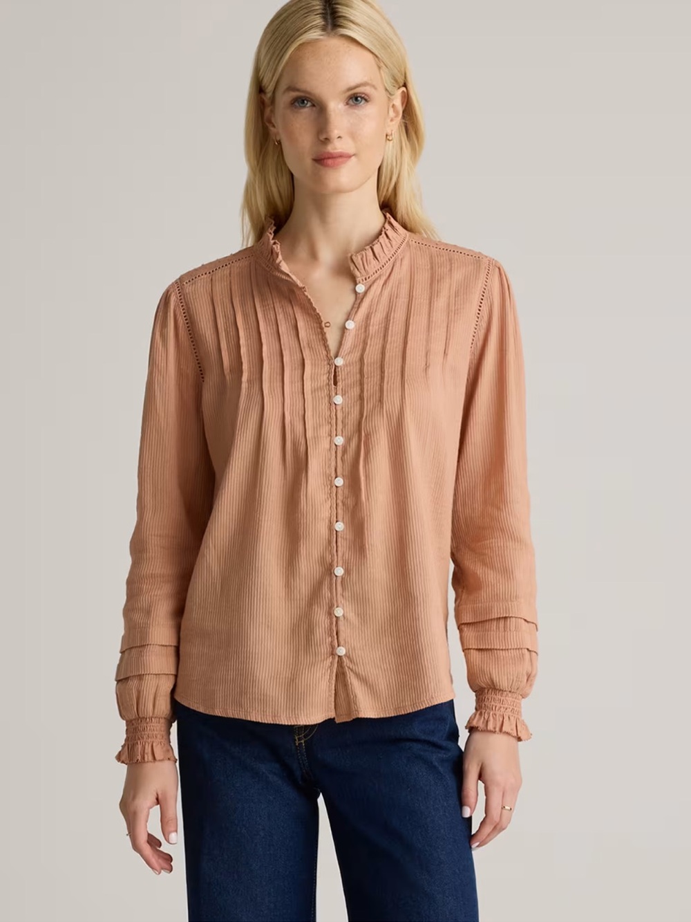 Quince Ruffled Pintuck Button-Front Blouse - Dusty Rose medium